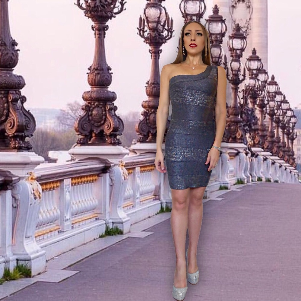 BEBE One Shoulder Grey and Silver Bandage Dress